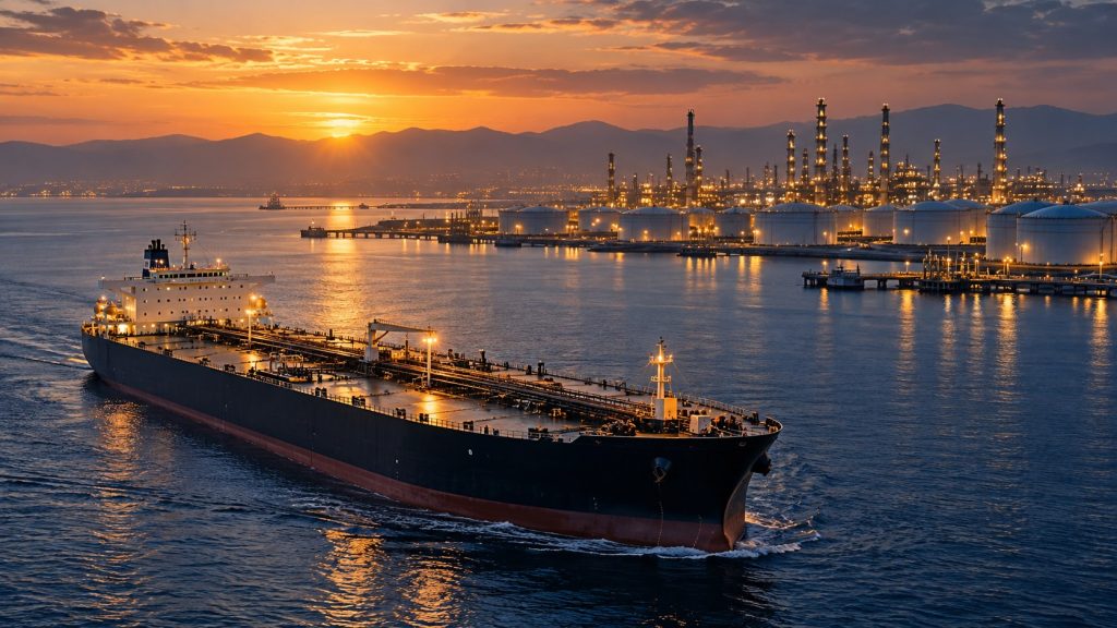 Illustration of a crude oil tanker near a coastal refinery at sunset